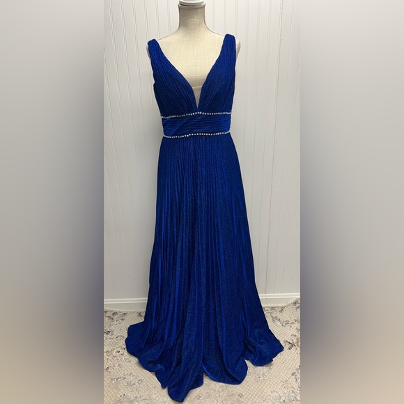 Hebeos Royal Blue Glittery Diamond Accented Waist Deep V A-Line Gown Prom‎ Sz 10 - Picture 1 of 7